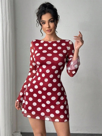 ドット柄 長袖 バックレス スリムフィット ミニドレス レディース 2026