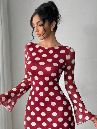 ドット柄 長袖 バックレス スリムフィット ミニドレス レディース 2026