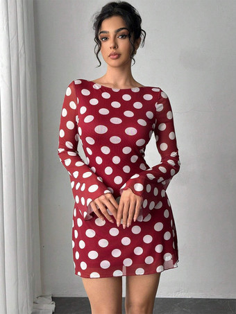 レッド ドット柄 長袖 バックレス スリムフィット ミニドレス レディース 2026