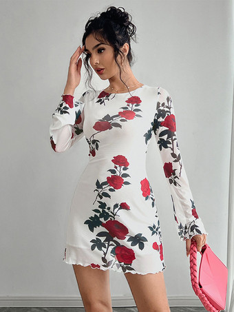 バックレスローズプリントメッシュフレアスリーブボディコンミニドレス（レディース）2026