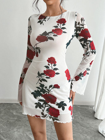 バックレスローズプリントメッシュフレアスリーブボディコンミニドレス（レディース）2026