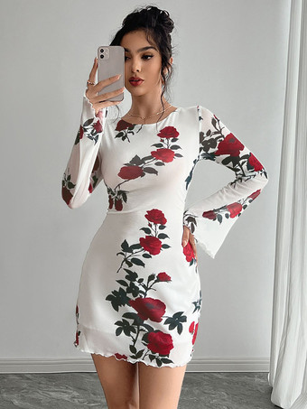 ホワイト バックレスローズプリントメッシュフレアスリーブボディコンミニドレス（レディース）2026