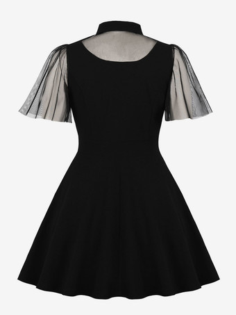 メッシュパッチワーク くり抜きネックライン Aライン スケータードレス レディース 2026