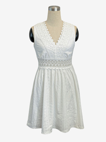 アイレットレースミニドレス（レディース） - ホワイト ボヘミアン風 Vネック ノースリーブ フィット＆フレア Aライン サンドレス - 夏のビーチバケーション 2026