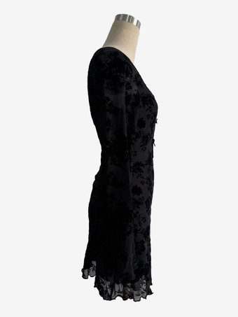 フロック加工フローラル柄リボンフレアスリーブミニドレス（レディース）2026