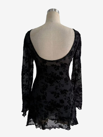 フロック加工フローラル柄リボンフレアスリーブミニドレス（レディース）2026