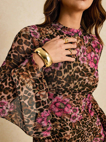 レオパード柄スリットフレアスリーブミニドレス（レディース）2026