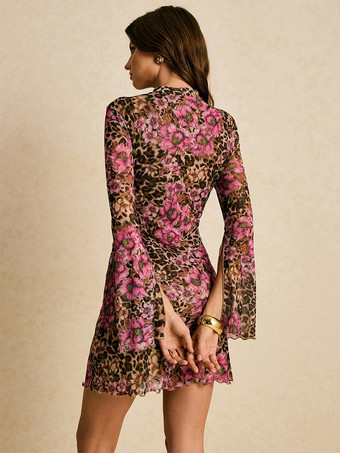 レオパード柄スリットフレアスリーブミニドレス（レディース）2026