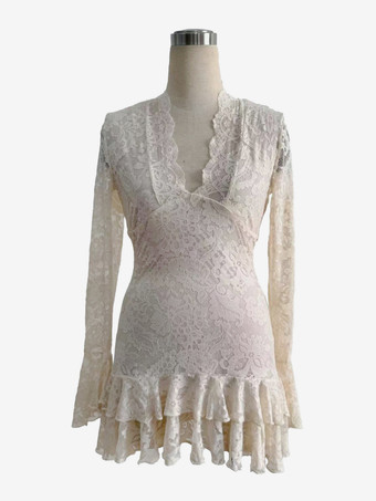 Vネック レース レイヤード フリル裾 長袖 ミニドレス レディース 2026