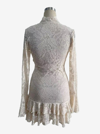 Vネック レース レイヤード フリル裾 長袖 ミニドレス レディース 2026