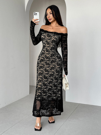 ブラック オフショルダー レース 長袖 ボディコン マキシドレス レディース 2026