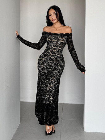 オフショルダー レース 長袖 ボディコン マキシドレス レディース 2026