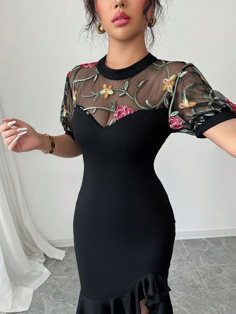 花柄刺繍メッシュパッチワークフリル裾ミディドレス（レディース）2026