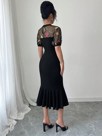 花柄刺繍メッシュパッチワークフリル裾ミディドレス（レディース）2026