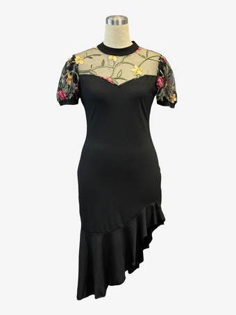 花柄刺繍メッシュパッチワークフリル裾ミディドレス（レディース）2026