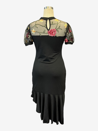 花柄刺繍メッシュパッチワークフリル裾ミディドレス（レディース）2026