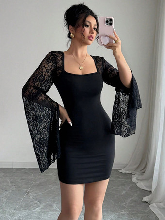 ブラック スクエアネック レースフレア ロングスリーブ ボディコン ミニドレス レディース 2026