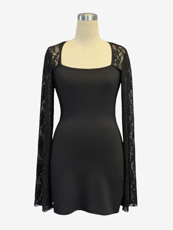 スクエアネック レースフレア ロングスリーブ ボディコン ミニドレス レディース 2026