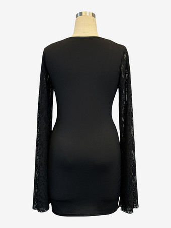 スクエアネック レースフレア ロングスリーブ ボディコン ミニドレス レディース 2026