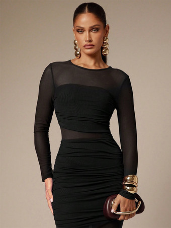 ルーシュメッシュパッチワーク長袖ボディコンマキシドレス（レディース）2026