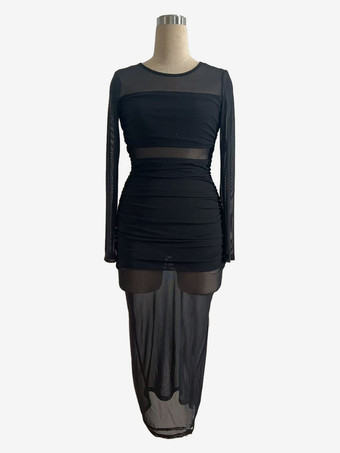 ルーシュメッシュパッチワーク長袖ボディコンマキシドレス（レディース）2026