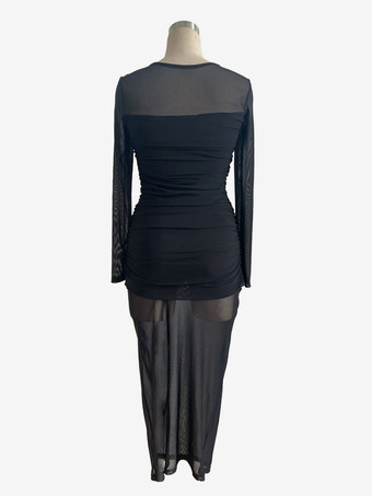 ルーシュメッシュパッチワーク長袖ボディコンマキシドレス（レディース）2026