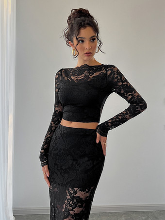 フローラルレースの長袖クロップトップとミディスカートのツーピースセット（レディース 2026）