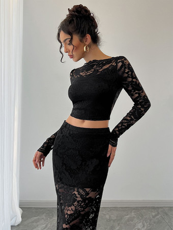 フローラルレースの長袖クロップトップとミディスカートのツーピースセット（レディース 2026）