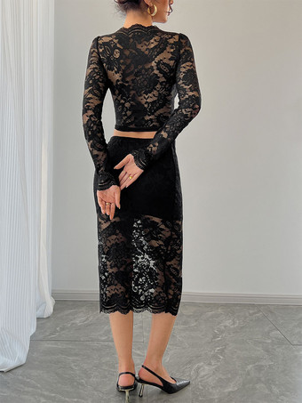 フローラルレースの長袖クロップトップとミディスカートのツーピースセット（レディース 2026）