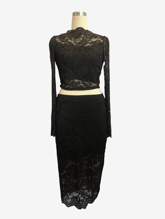 フローラルレースの長袖クロップトップとミディスカートのツーピースセット（レディース 2026）