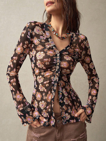 カーキ レディース フローラルプリント ルーシュ ボタンアップ 長袖 スリムフィット シャツ 2026