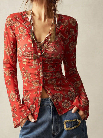 レッド レディース フローラルプリント ルーシュ ボタンアップ 長袖 スリムフィット シャツ 2026