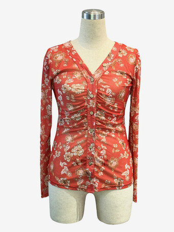 レディース フローラルプリント ルーシュ ボタンアップ 長袖 スリムフィット シャツ 2026