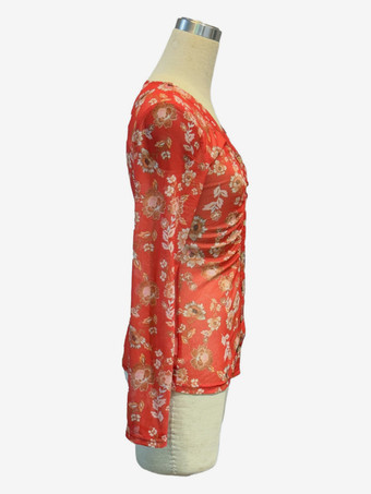 レディース フローラルプリント ルーシュ ボタンアップ 長袖 スリムフィット シャツ 2026