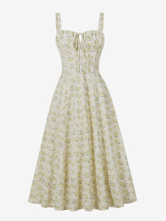 イエローフローラルプリント ルーシュバスト ノースリーブ Aライン ミディ丈 ティードレス レディース 2026