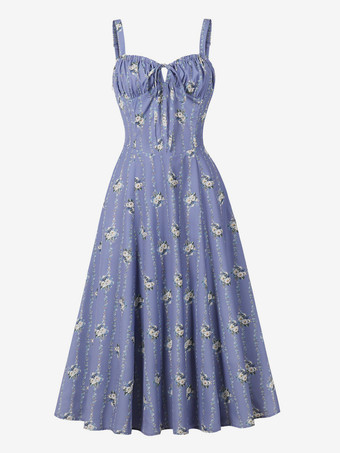 ロイヤパープルフローラルプリント ルーシュバスト ノースリーブ Aライン ミディ丈 ティードレス レディース 2026