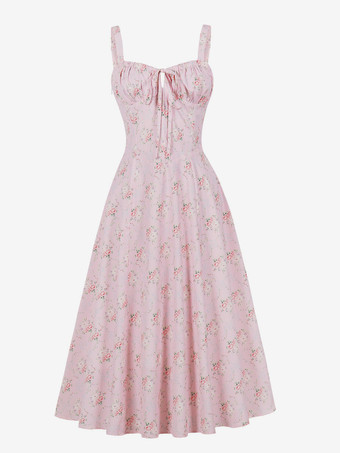 ピンクフローラルプリント ルーシュバスト ノースリーブ Aライン ミディ丈 ティードレス レディース 2026