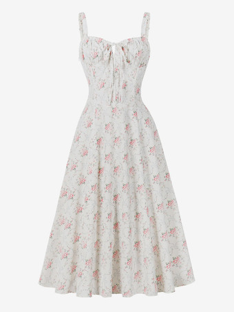 ホワイト フローラルプリント ルーシュバスト ノースリーブ Aライン ミディ丈 ティードレス レディース 2026