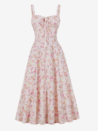 ライトピンクフローラルプリント ルーシュバスト ノースリーブ Aライン ミディ丈 ティードレス レディース 2026