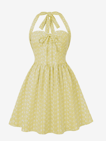 ストライプ柄ホルターネック花柄Aラインサマーサンドレス（レディース 2026年）