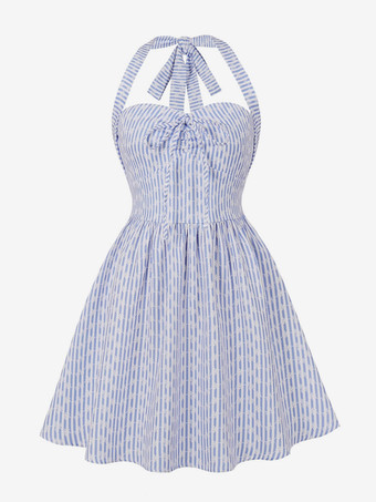 ストライプ柄ホルターネック花柄Aラインサマーサンドレス（レディース 2026年）