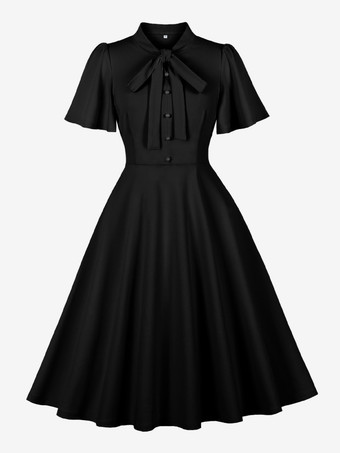 ヴィンテージ ボウタイネック フラッタースリーブ エレガント Aライン スイング カクテルドレス レディース 2026