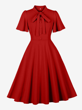 ヴィンテージ ボウタイネック フラッタースリーブ エレガント Aライン スイング カクテルドレス レディース 2026