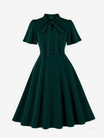 ヴィンテージ ボウタイネック フラッタースリーブ エレガント Aライン スイング カクテルドレス レディース 2026