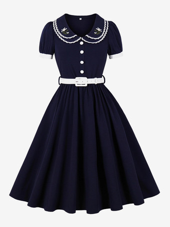 ダブルレイヤー ピーターパンカラー 刺繍 パフスリーブ スウィングドレス レディース 2026