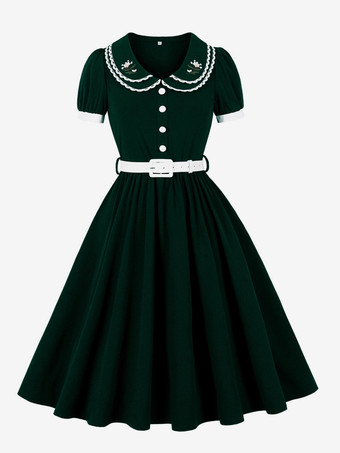 ダブルレイヤー ピーターパンカラー 刺繍 パフスリーブ スウィングドレス レディース 2026