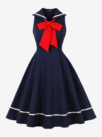 セーラーカラー ボウノット ノースリーブ レトロ スイング Aライン ドレス レディース 2026