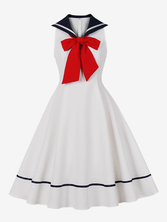 セーラーカラー ボウノット ノースリーブ レトロ スイング Aライン ドレス レディース 2026