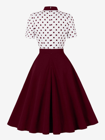 ドット柄パッチワーク 蝶ネクタイネック 半袖 レトロ スウィングドレス レディース 2026