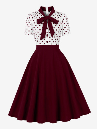 ドット柄パッチワーク 蝶ネクタイネック 半袖 レトロ スウィングドレス レディース 2026